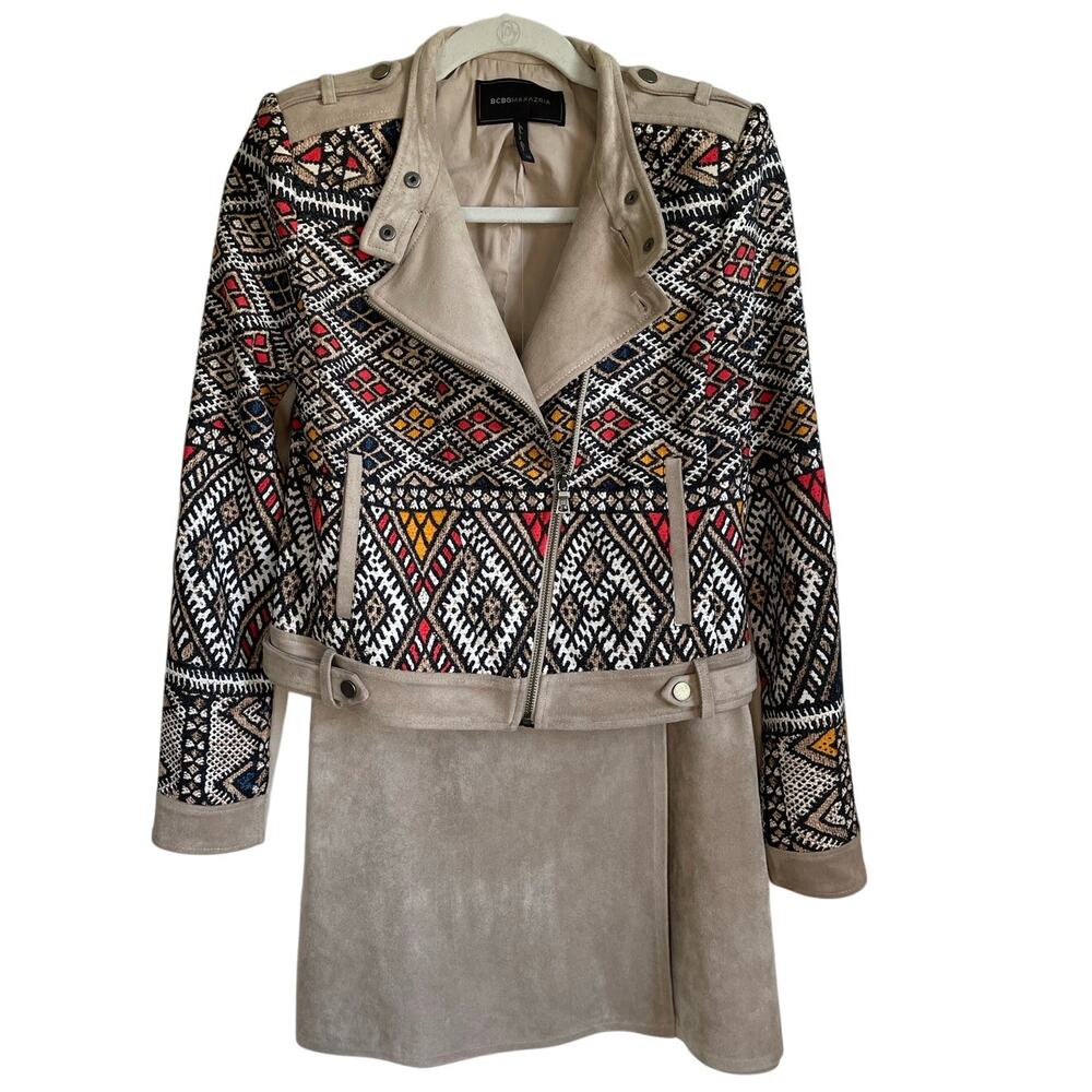 BCBGMaxAzria 2 pc Set Sz XS Ziggy Woven Moto Jacket and Sabrina Faux Suede Skirt